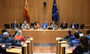 El presidente del Gobierno y secretario general del PSOE, Pedro Sánchez, en una intervención este lunes ante diputados, senadores y eurodiputados socialistas en el Congreso.