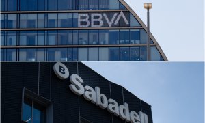 Los logos de BBVA y de Banco Sabadell en sus respectivas sedes en la zona norte de Madrid, y en San Cugat del Vallés (Barcelona). E.P.