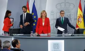 Ernest Urtasun, Pilar Alegría, Félix Bolaños y Ana Redondo, este martes en Moncloa en la rueda de prensa tras el Consejo de Ministros.