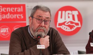 El que fuera secretario general de UGT durante más de veinte años (1994-2016), Cándido Méndez, durante una rueda de prensa en febrero de 2016.