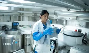 Una mujer trabaja en la sala de criopreservación de células el Hospital Clínic, a 28 de septiembre de 2023, en Barcelona, Cataluña (España). Imagen de archivo.