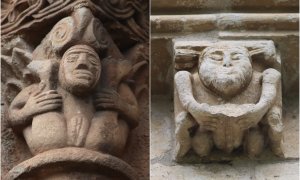 Una dama y un noble mostrando sus genitales en la colegiata de San Pedro de Cervatos y en la iglesia de Nuestra Señora de la Asunción de Añua.