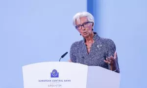 La presidenta del BCE, Christine Lagarde, en una rueda de prensa en la sede del organismo, en Fráncfort.