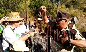 Intento de Ecologistas de cortar las alambradas que cierran un camino público.