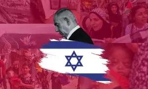 Ilustración de Benjamín Netanyahu e imágenes de la masacre en Palestina.