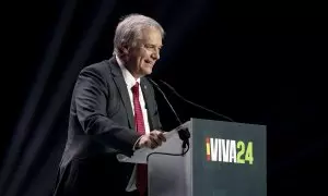 El líder del Partido Republicano de Chile, José Antonio Kast, interviene durante el acto ‘Viva 24’ de VOX, en el Palacio de Vistalegre