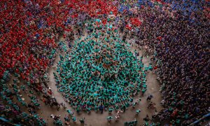 Imatge aèrea dels Castellers de Vilafranca al Concurs de Castells de Tarragona.