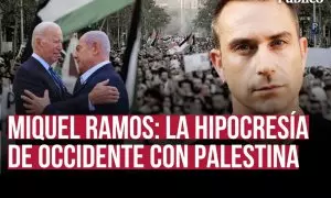 Imagen combinada de Joe Biden y Benjamín Netanyahu, el periodista Miquel Ramos y una manifestación por Palestina