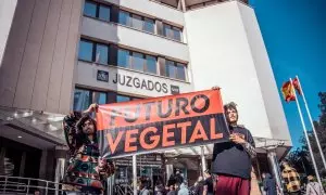 Dos miembros de Futuro Vegetal protestan contra la criminalización del ecologismo ante los Juzgados de Plaza de Castilla (Madrid), a 13 de abril de 2023.