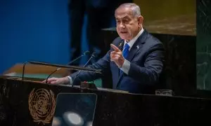 El perseguido por crímenes de guerra Benjamín Netanyahu en la ONU, a 27 de septiembre de 2024.