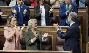 La secretaria general del PP, Cuca Gamarra; la diputada del PP, Maria del Mar Blanco y el presidente del PP, Alberto Núñez Feijóo, durante una sesión de control al Gobierno, en el Congreso de los Diputados, a 9 de octubre de 2024, en Madrid (España)