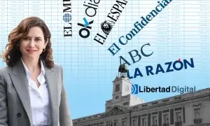 15/10/2024 La presidenta de la Comunidad de Madrid, Isabel Díaz Ayuso. Los logos corresponden a siete de los diez periódicos a los que el Gobierno madrileño destina más dinero de la publicidad institucional.