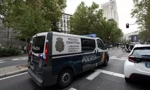 Un furgón de la Policía Científica en el lugar donde han encontrado el cuerpo de la mujer en Madrid.