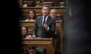 El presidente del PP, Alberto Núñez Feijóo, interviene durante una sesión de control al Gobierno, en el Congreso de los Diputados, a 16 de octubre de 2024.