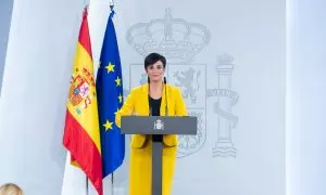 La ministra de vivienda, Isabel Rodríguez, durante su comparecencia ante los medios en Moncloa de este martes.