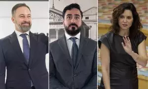 Montaje con fotos de Santiago Abascal, Alvise Péres e Isabel Díaz Ayuso.