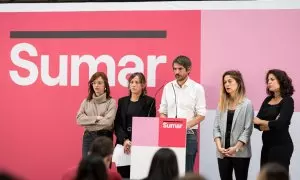 Cargos de Sumar en la rueda de prensa celebrada este sábado para ofrecer explicaciones sobre el escándalo de Errejón.