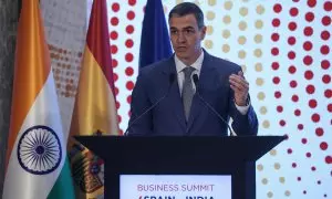 El presidente del Gobierno español, Pedro Sánchez, habla durante la 'Cumbre Empresarial España-India' en Bombay (India), el 29 de octubre de 2024.