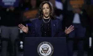 Kamala Harris habla durante un acto de campaña, en East Lansing, Michigan (EE.UU.).