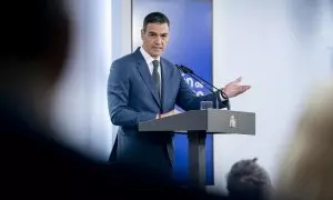 El presidente del Gobierno, Pedro Sánchez, durante la comparecencia ofrecida este martes en Moncloa.