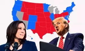 06/11/2024 Kamala Harris, candidata demócrata a la presidencia de los EEUU, y Donald Trump, candidato republicano. En medio, un mapa con los resultados de las elecciones por estados.