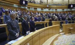 Ministros y senadores guardan un minuto de silencio en recuerdo de la última víctima de violencia machista antes de la sesión de control en el Senado, este martes en Madrid.