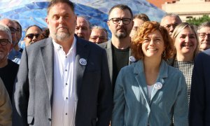 Oriol Junqueras i Elisenda Alamany, de Militància Decidim, en un acte aquest dissabte a Barcelona.