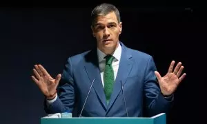 El presidente del gobierno, Pedro Sánchez, durante la apertura del evento 'World in Progress' de Grupo Prisa, a 14 de octubre de 2024, en Barcelona.