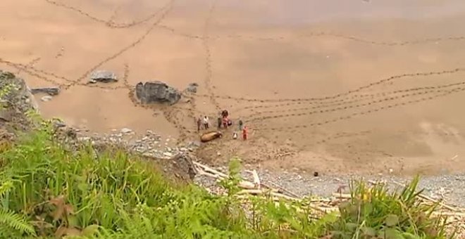 Rescatan en helicóptero a un toro varado en una playa de Asturias