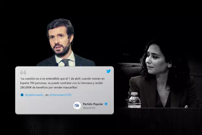 Imagen combinada de Pablo Casado, Isabel Díaz Ayuso y un tuit del PP. — Europa Press / Twitter / Tremending