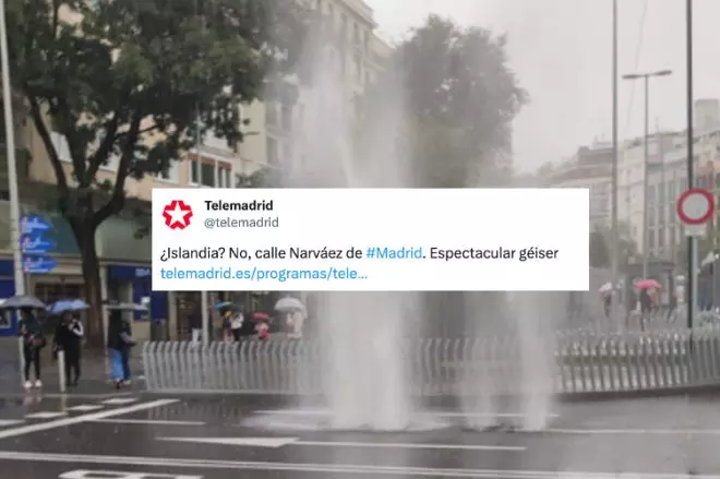 Tuit de Telemadrid en el que compara los efectos de las lluvias en Madrid con un géiser