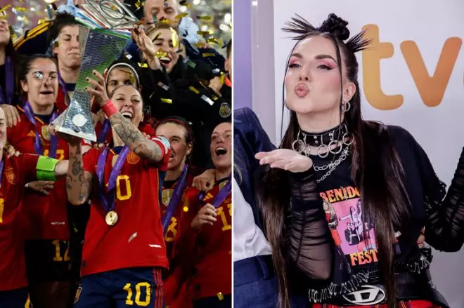 Combo de fotos de la selección celebrando su victoria y una imagen de archivo de Inés Hernand.