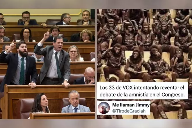 Diputados de Vox gritando en el Congreso en una imagen de Europa Press y a la derecha un meme.