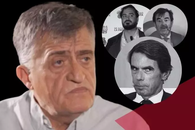 El Gran Wyoming en un momento de la entrevista en 'Xplica' de La Sexta acompañado en una imagen de montaje de José María Aznar, Alvise Pérez y el presidente del CGPJ, Vicente Guiliarte.