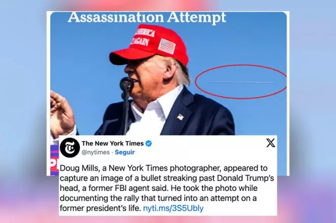 Captura del tuit de 'The New York Times' con la imagen que parece captar una bala dirigida a Donald Trump.