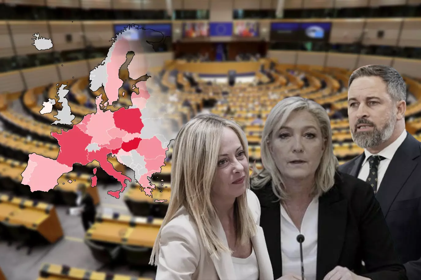 Los líderes de extrema derecha Giorgia Meloni, Marine Le Pen y Santiago Abascal sobre una imagen del pleno del Parlamento Europeo. — Público