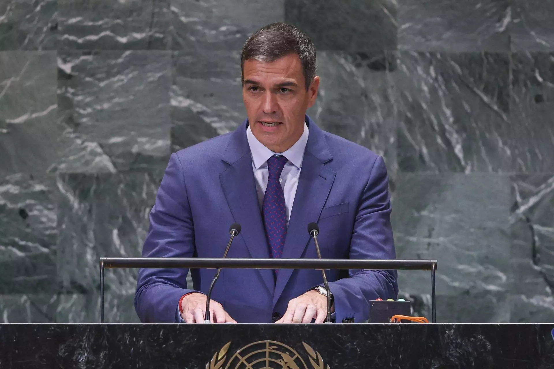 El presidente del Gobierno, Pedro Sánchez, durante su intervención en la "Cumbre del futuro" organizada en la Semana de Alto Nivel de la ONU. — EFE/EPA/SARAH YENESEL