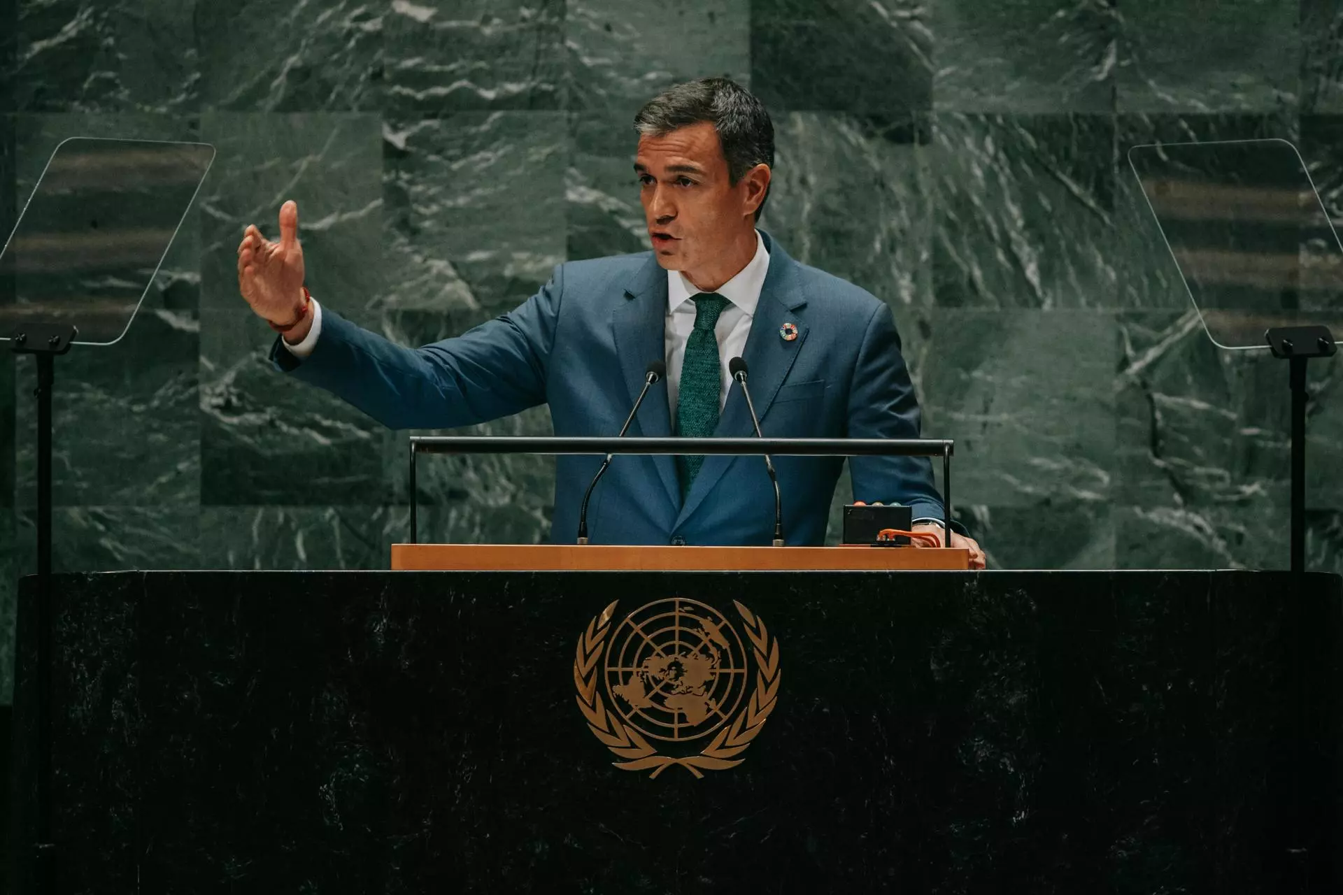 El presidente del Gobierno, Pedro Sánchez, durante su intervención en la "Cumbre del futuro" organizada en la Semana de Alto Nivel de la ONU. — EFE/EPA/SARAH YENESEL