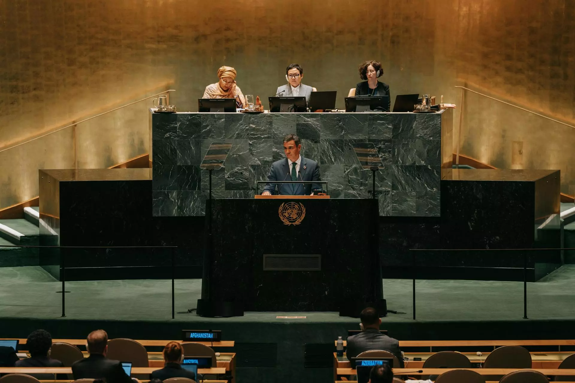 El presidente del Gobierno, Pedro Sánchez, durante su intervención en el debate general de la Asamblea de la ONU. — EFE/EPA/OLGA FEDOROVA