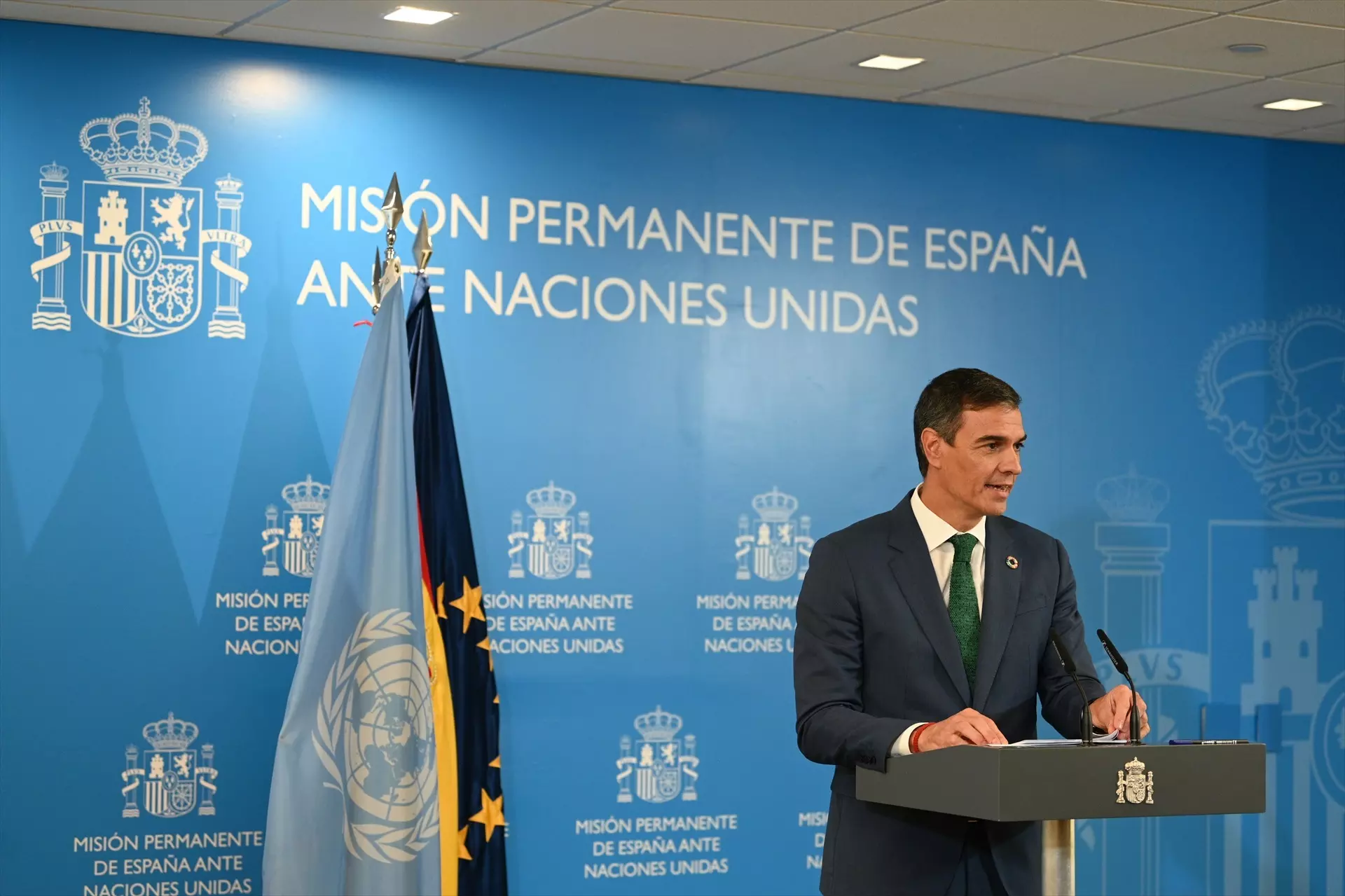 El presidente del Gobierno, Pedro Sánchez, durante su comparecencia ante la prensa en Nueva York la pasada semana. — Borja Puig de la Bellacasa / Pool Moncloa