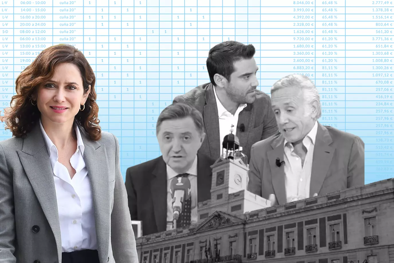 La presidenta de la Comunidad de Madrid, Isabel Díaz Ayuso, y Federico Jiménez Losantos, de 'Libertad Digital', Javier Negre, de 'EDA TV', y Eduardo Inda, de 'OK Diario'. — Público