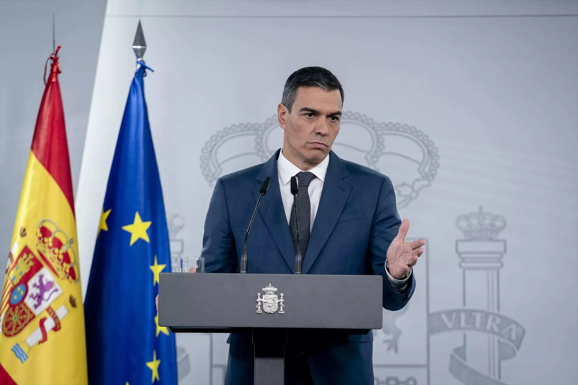 Pedro Sánchez, presidente del Gobierno, durante su comparecencia de este martes. — A. Pérez Meca / Europa Press