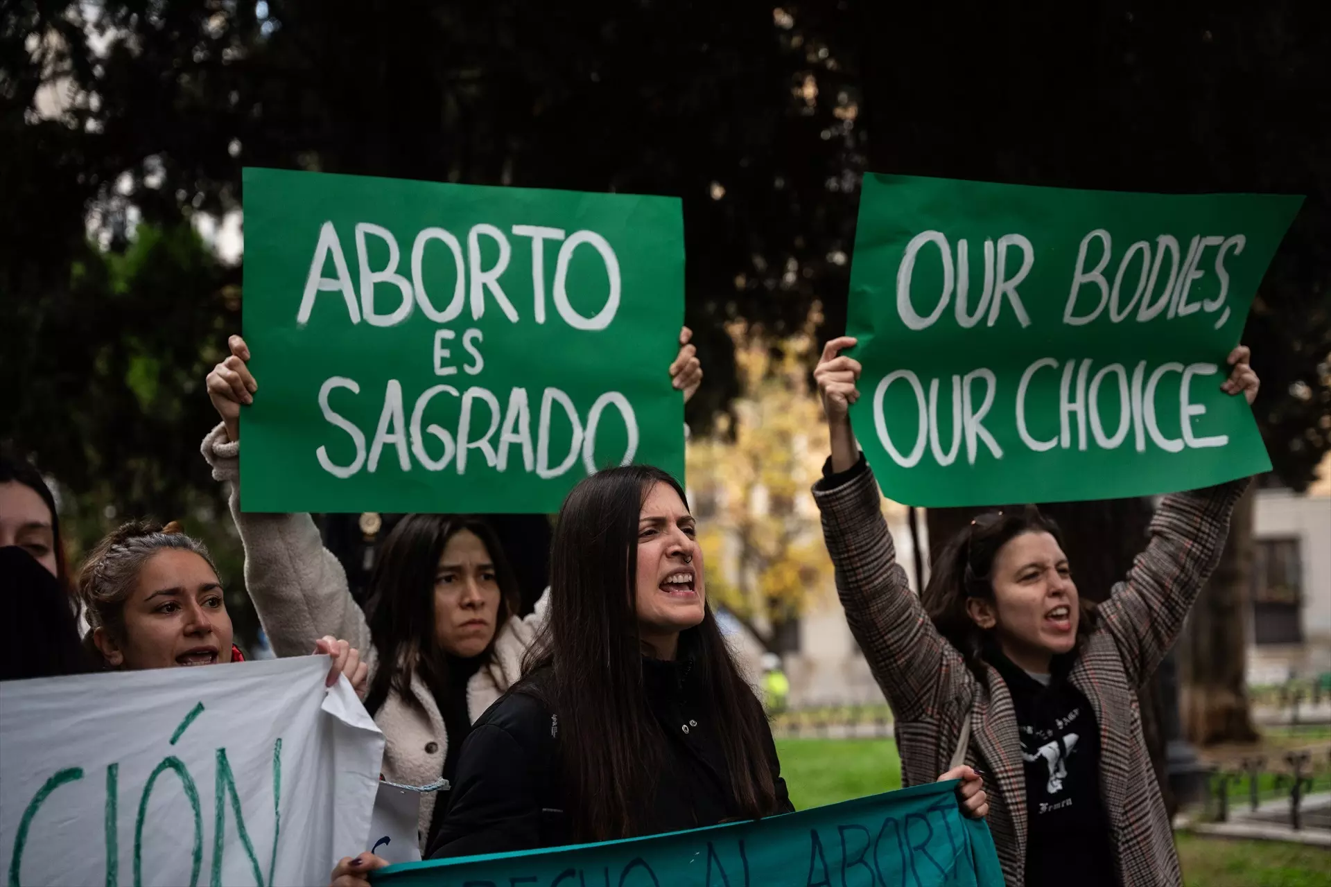 Varias mujeres con carteles durante una concentración cerca del Senado, en Madrid, en protesta por la jornada antiabortista en la Cámara Alta. — Matias Chiofalo / Europa Press