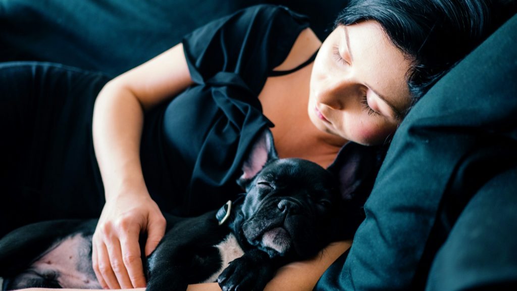 Mujer y perro en el sofá